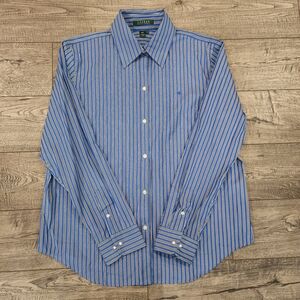 Lauren Ralph Lauren Women Blue Striped Button-Up Shirt Blouse Size L Long Sleeve